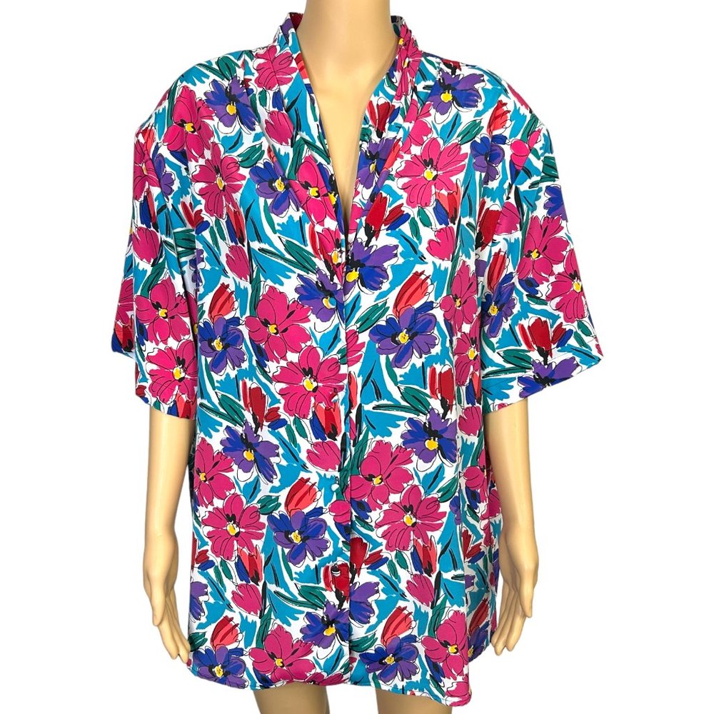 Vintage Sellecca‎ Womens 22W Colorful Floral Short Sleeve Button Up Blouse Shirt